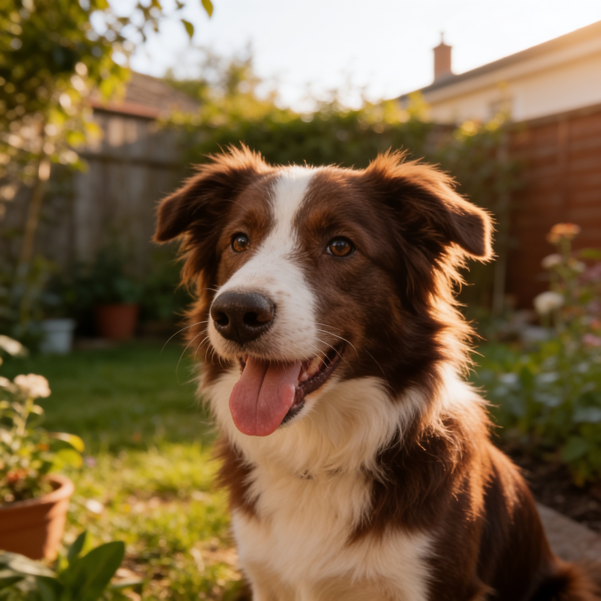 A happy clean dog relaxing on fresh grass in a sunny backyard