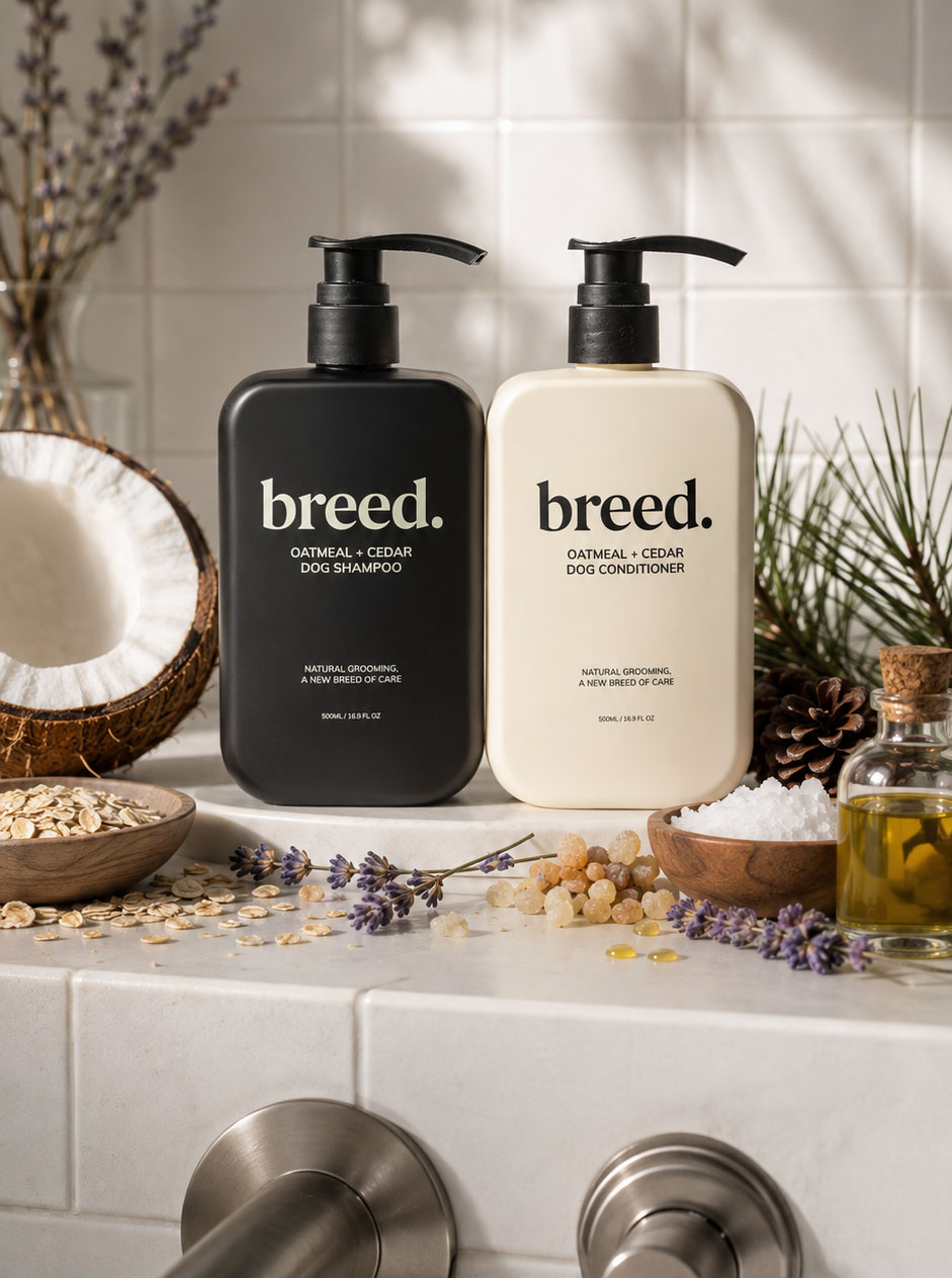 breed oatmeal + cedar dog shampoo and conditioner with natural ingredients